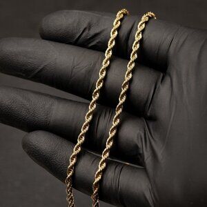 Solid Yellow Gold Plated Heavy 316 Stainless Steel 3MM Twist Rope Chain Necklace